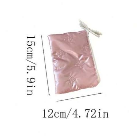 Túi tiền nơ vải mềm dập nổi khóa kéo có treo ngọt ngào đơn sắc đựng đồ nhỏ du lịch nhà