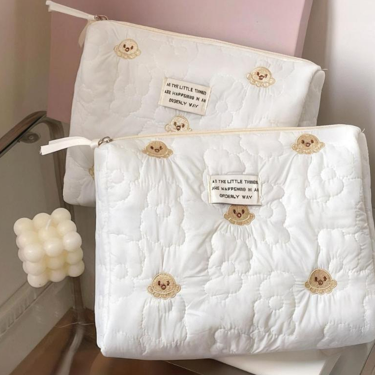 Túi mỹ phẩm vải mềm thêu bạch tuộc hoa tương phản dễ thương khóa kéo lớn có quai tắm du lịch nữ