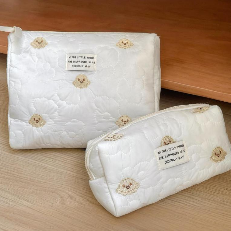 Túi mỹ phẩm vải mềm thêu bạch tuộc hoa tương phản dễ thương khóa kéo lớn có quai tắm du lịch nữ