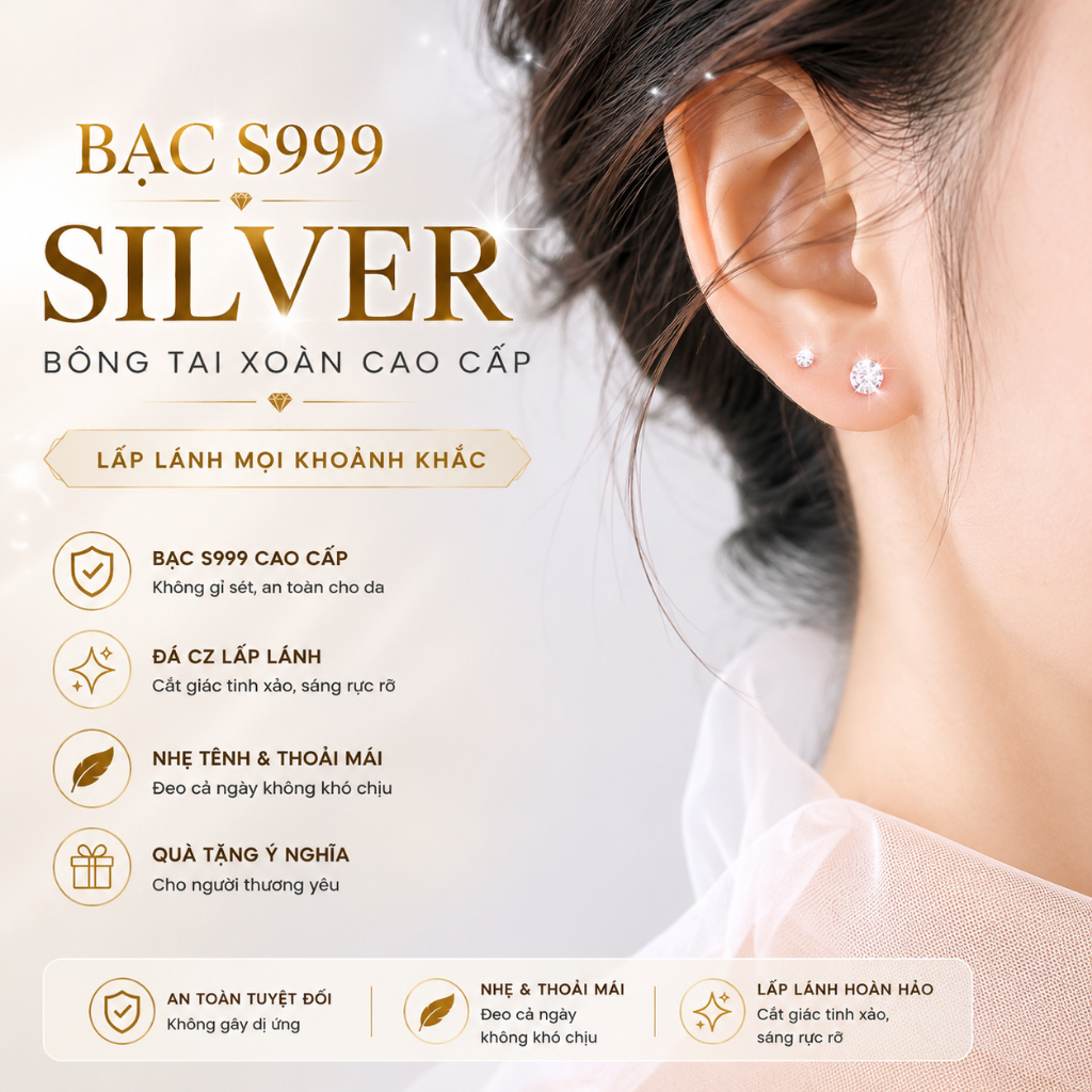 Khuyên tai thép titan màu bạc khảm đá thời trang sang trọng cho nữ