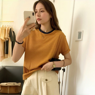 Áo thun cotton ngoại cỡ sọc mù tạt và vàng đen, thiết kế thoải mái sang trọng