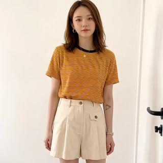 Áo thun cotton ngoại cỡ sọc mù tạt và vàng đen, thiết kế thoải mái sang trọng