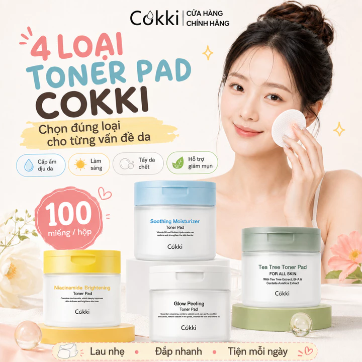 Toner Pad Cokki 4 Loại – Miếng Lót Toner Cấp Ẩm Dịu Da, Sáng Da Mờ Thâm, Tẩy Tế Bào Chết Dịu Nhẹ, Tràm Trà Kiềm Dầu Giảm Mụn – 100 Miếng/Hộp – Làm Sạch Sâu, Se Khít Lỗ Chân Lông, Cấp Nước – Dành Cho D