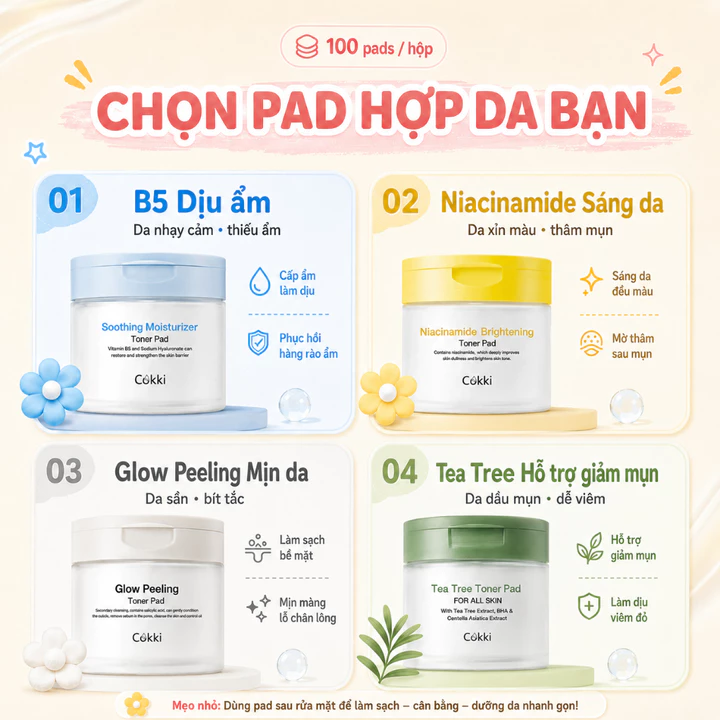 Toner Pad Cokki 4 Loại – Miếng Lót Toner Cấp Ẩm Dịu Da, Sáng Da Mờ Thâm, Tẩy Tế Bào Chết Dịu Nhẹ, Tràm Trà Kiềm Dầu Giảm Mụn – 100 Miếng/Hộp – Làm Sạch Sâu, Se Khít Lỗ Chân Lông, Cấp Nước – Dành Cho D