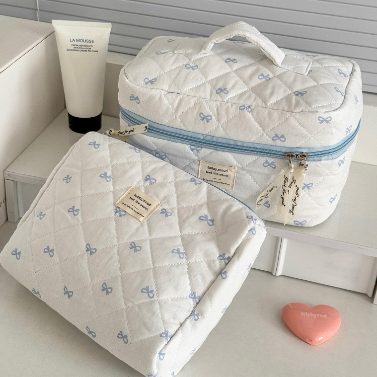 Túi mỹ phẩm nơ xanh ngọt ngào vải mềm khâu chỉ khóa kéo lớn in ngẫu nhiên tắm du lịch dành cho nữ