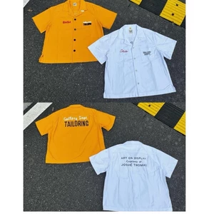 Unisex High Street Quần áo lao động vải nặng Áo sơ mi ngắn tay thêu, Vàng trắng