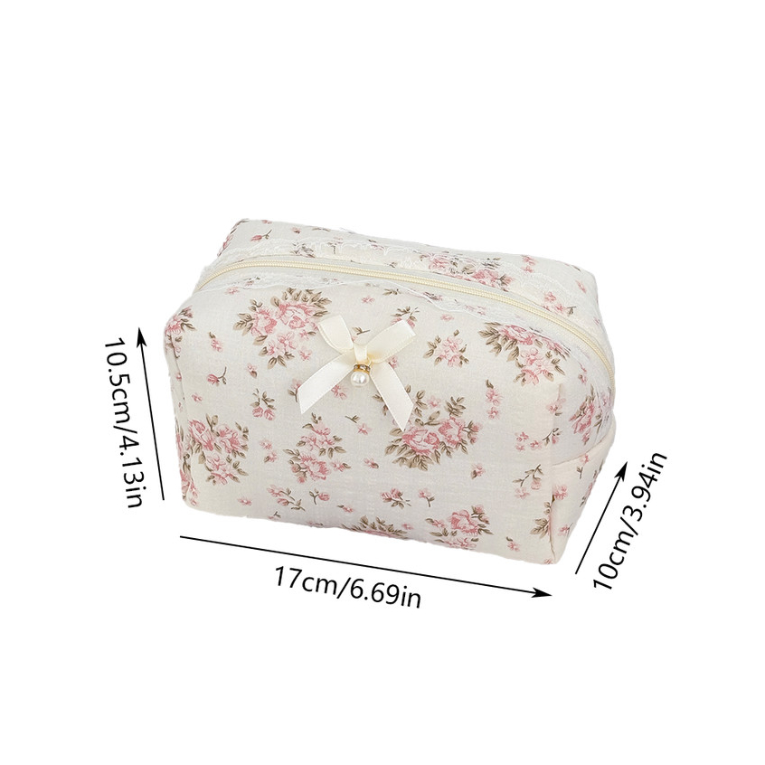 Túi mỹ phẩm ren nơ 3D hoa mẫu đơn ngọc tươi ngọt khóa kéo có quai tắm du lịch nữ