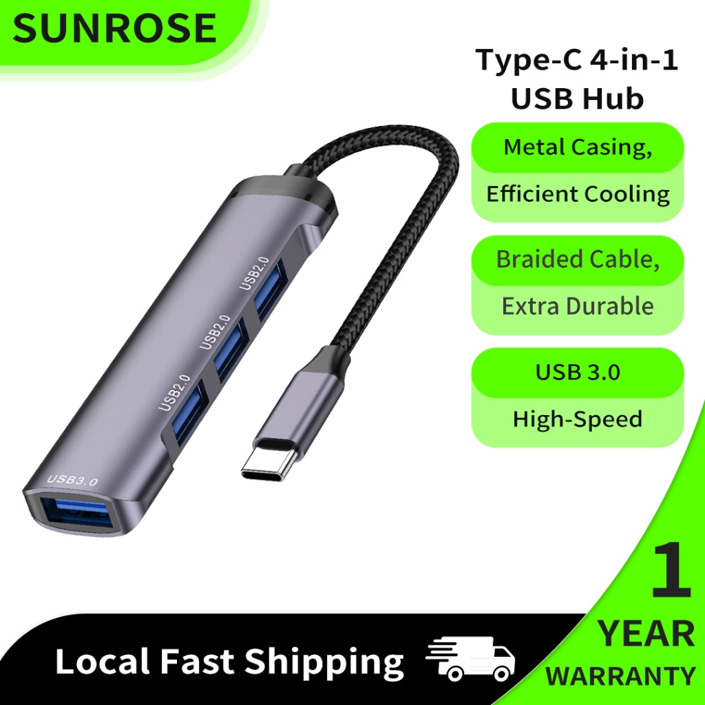 SUNROSE Type-C 4 cổng USB Hub, 1 USB 3.0 & 3 USB 2.0, Truyền dữ liệu tốc độ cao 5Gbps, Vỏ nhôm, Tương thích với Windows / Mac / Linux