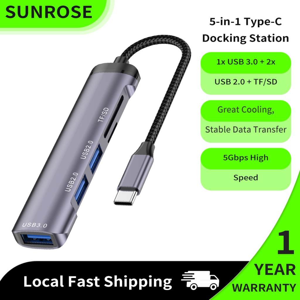 SUNROSE Trạm Docking Type-C 5 trong 1 USB 3.0 (5Gbps) + Dual USB 2.0 + TF / SD Khe cắm thẻ Hợp kim nhôm Di động nhỏ gọn Không có độ trễ Khả năng tương thích rộng cho Windows / Mac / Linux