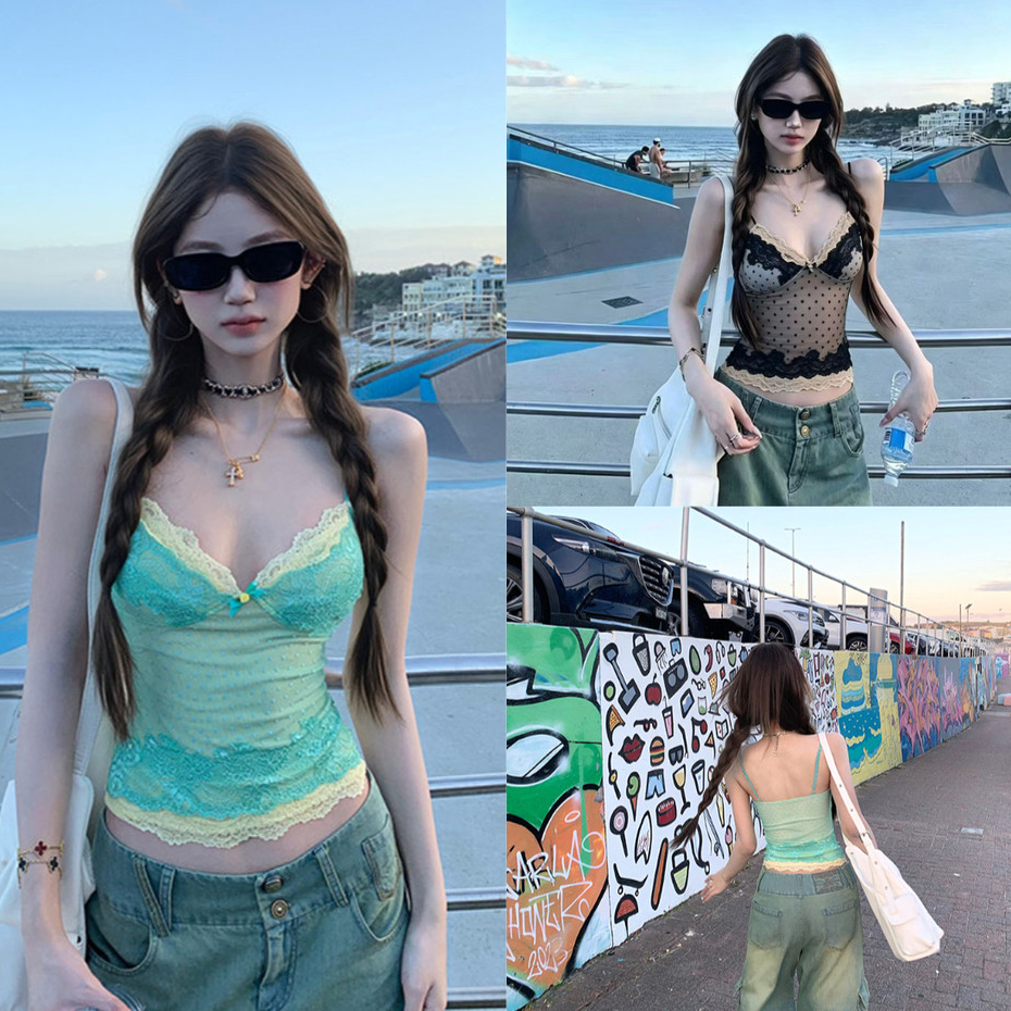Gợi Cảm Cô Gái Nóng Chấm Bi Lưới Ren Áo Nữ Mùa Hè Top