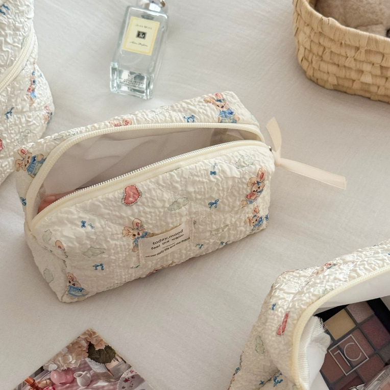 Túi mỹ phẩm in thỏ váy xanh trái tim vải mềm khóa kéo dễ thương đơn giản tắm du lịch dành cho nữ