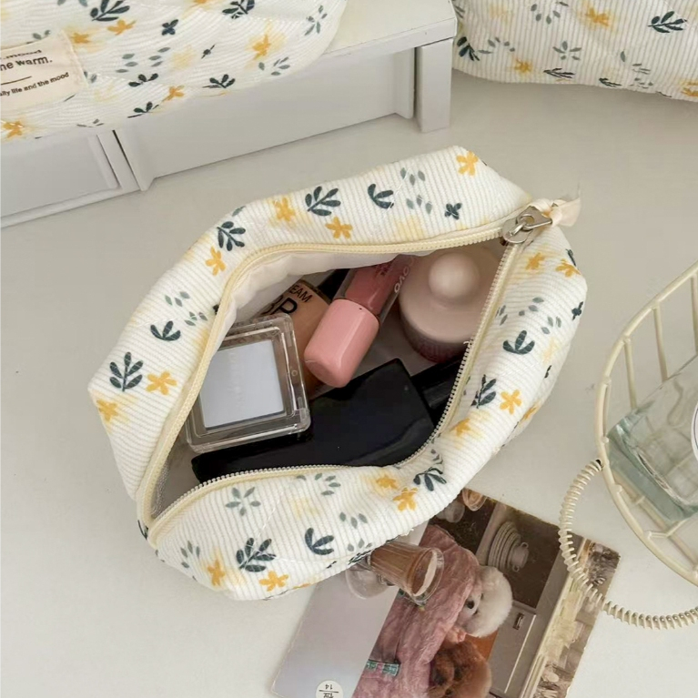 Túi mỹ phẩm bông nhung vàng hạnh hoa tương phản ngọt ngào khóa kéo lớn có quai tắm du lịch nữ