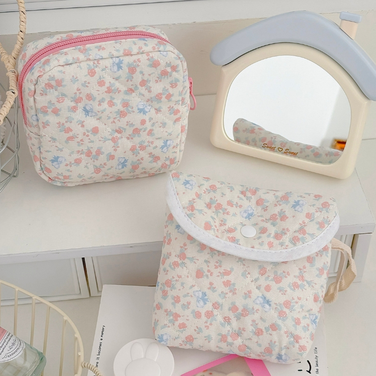 Túi nhỏ hoa hồng vải mềm 2 kiểu khóa kéo/bấm đựng son tiện mang nhà ở du lịch ký túc xá thời trang