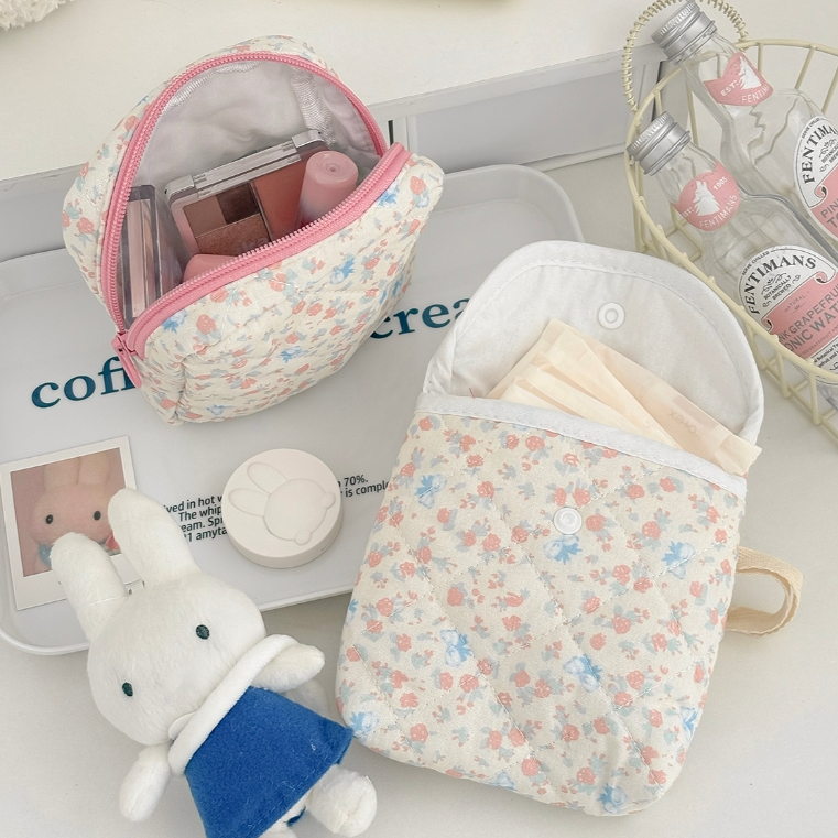 Túi nhỏ hoa hồng vải mềm 2 kiểu khóa kéo/bấm đựng son tiện mang nhà ở du lịch ký túc xá thời trang