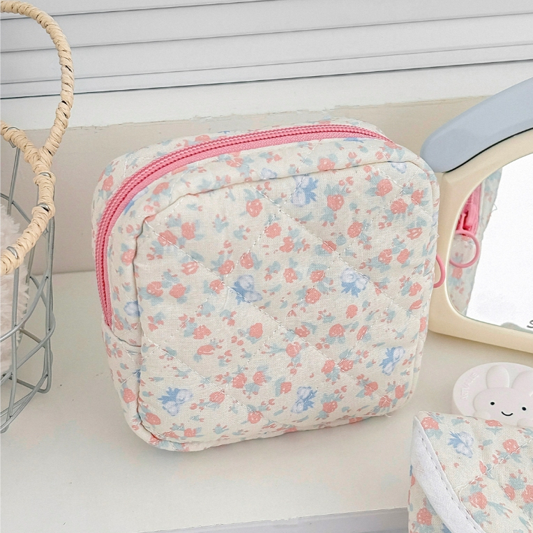 Túi nhỏ hoa hồng vải mềm 2 kiểu khóa kéo/bấm đựng son tiện mang nhà ở du lịch ký túc xá thời trang
