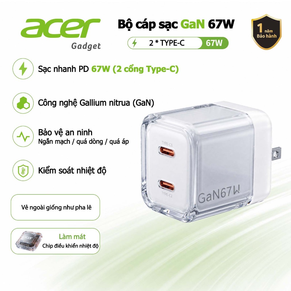 Acer gadget Bộ sạc GaN Type C 67W nhanh 2 cổng USB C Củ sạc PD 65W Power Adapter Sạc điện cho Không Nóng Máy An Toàn Ổn Định cho iPad Samsung Pad