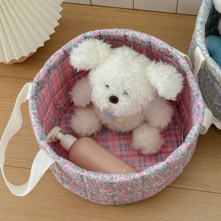 Giỏ lưu trữ khâu chỉ vải mềm đồng quê hoa hồng xanh có quai lớn gấp được đựng đồ phòng ngủ
