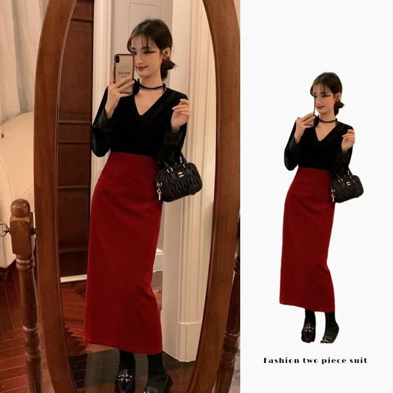 Váy hông đỏ bán chạy Váy xẻ thẳng eo cao dành cho nữ