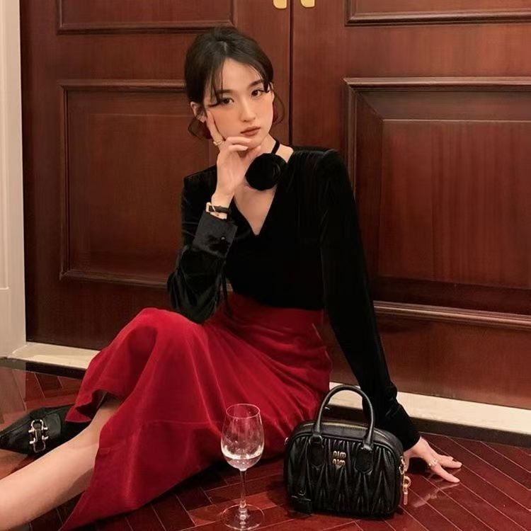 Váy hông đỏ bán chạy Váy xẻ thẳng eo cao dành cho nữ