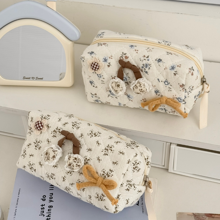 Túi bát giác mỹ phẩm bút học sinh khâu chỉ nơ dung tích lớn hoa đồng quê tiện mang đựng đồ tắm