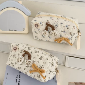 Túi bát giác mỹ phẩm bút học sinh khâu chỉ nơ dung tích lớn hoa đồng quê tiện mang đựng đồ tắm