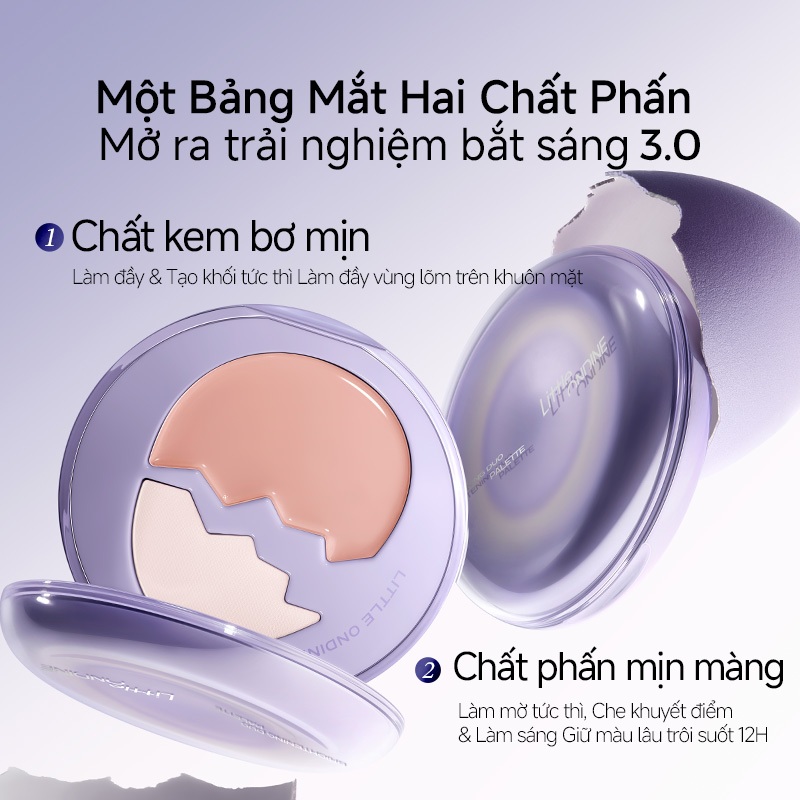 Little Ondine Phấn Bắt Sáng & Tạo Khối Hai Ô - Kem đánh sáng da mặt, không gây mụn, Ảnh dự tiệc có sẵn, Di động nhỏ gọn
