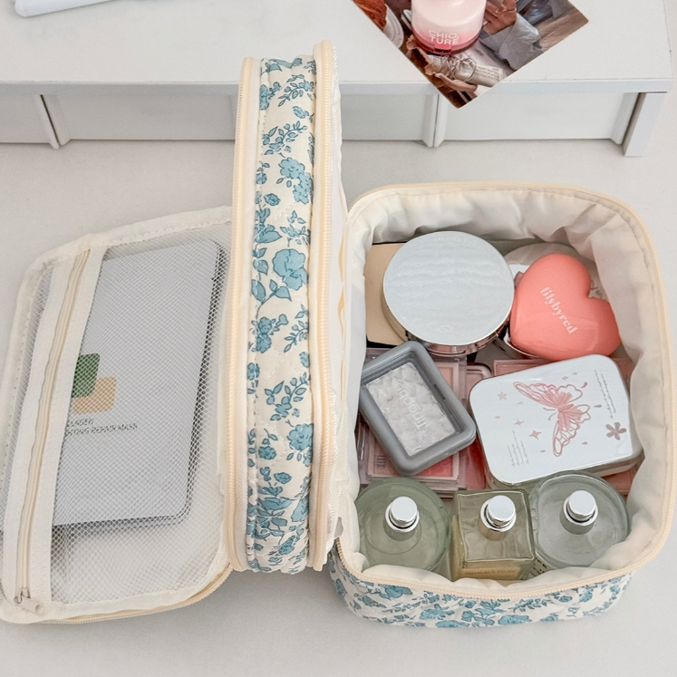 Túi mỹ phẩm hoa trắng xanh khâu chỉ dung tích lớn xách được 2 lớp tươi trẻ đựng đồ tắm du lịch
