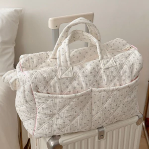Túi tote hoa xanh khâu chỉ dày dung tích lớn 2 ngăn phân khu đựng quần áo đi lại du lịch vải