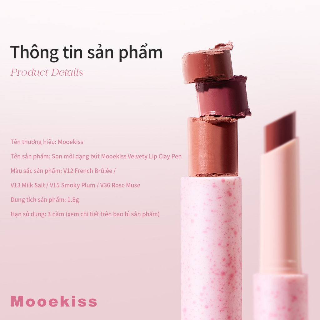 Bút bùn môi Mooekiss Velvet Mist, son môi ép, bóng mờ, son môi sương hồng (1.8g)