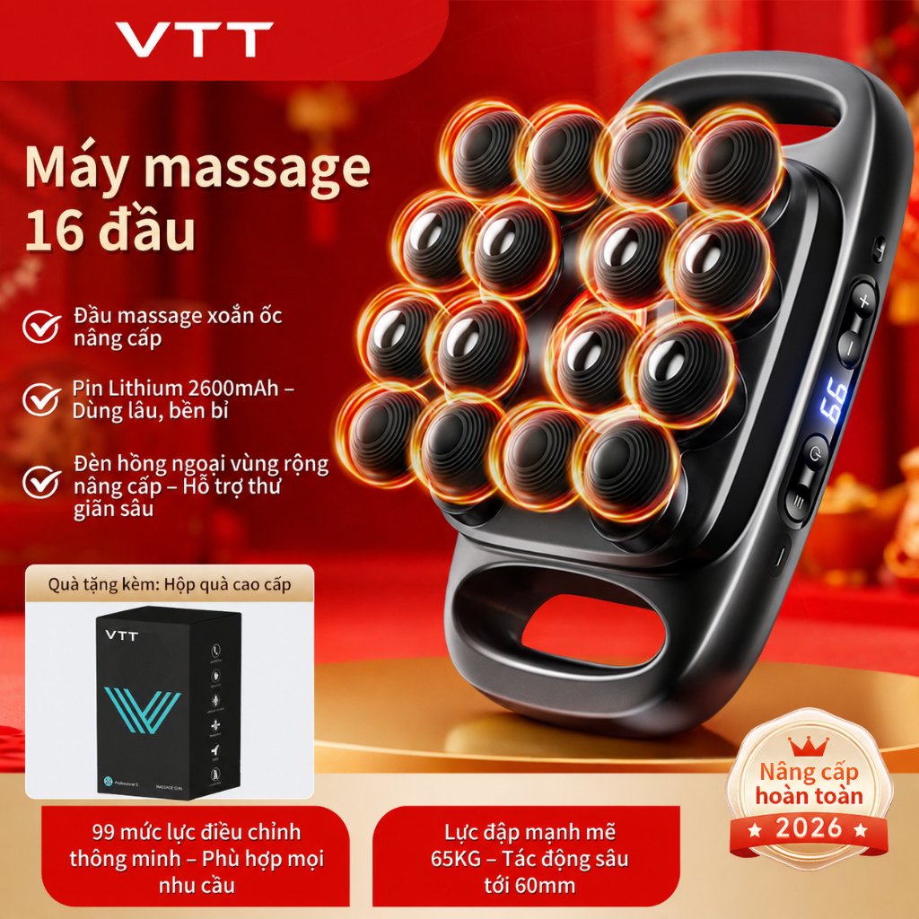 Máy Massage 16 đầu VTT – Pin 2600mAh được nâng cấp, 99 tốc độ, Trị liệu ánh sáng đỏ, Massage mô sâu