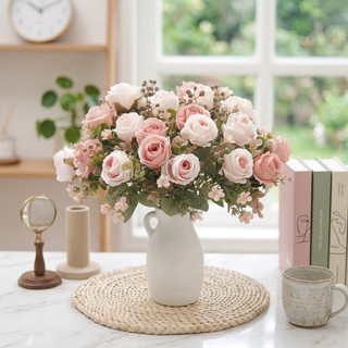 Hoa hồng nhân tạo mẫu đơn, bó hoa lụa giả, trang trí bàn tiệc cưới, phong cách Bắc Âu, DIY, quà tặng, decor vintage