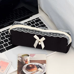 Túi mỹ phẩm ren đen nơ dung tích lớn vải đựng cọ trang điểm văn phòng phẩm nữ tính học sinh