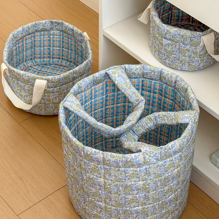 Giỏ lưu trữ vải mềm có quai đồng quê hoa xanh khâu chỉ dung tích lớn gấp được đựng đồ phòng ngủ