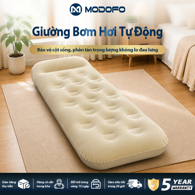 Nệm hơi đơn MODOFO đệm bơm hơi gấp gọn ngủ trưa, cắm trại tặng kèm bơm điện 188x74