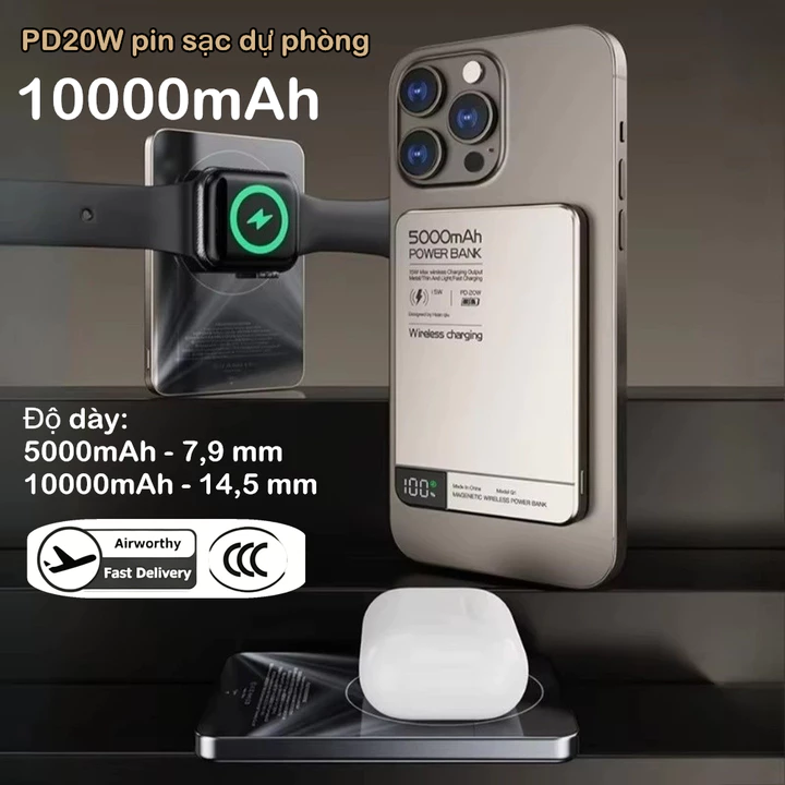 [JLK] Sạc dự phòng từ tính 10000mAh Sạc không dây Qi 2 PD20W siêu nhanh Powerbank cho iPhone Samsung Xiaomi Android di động Pin sạc dự phòng