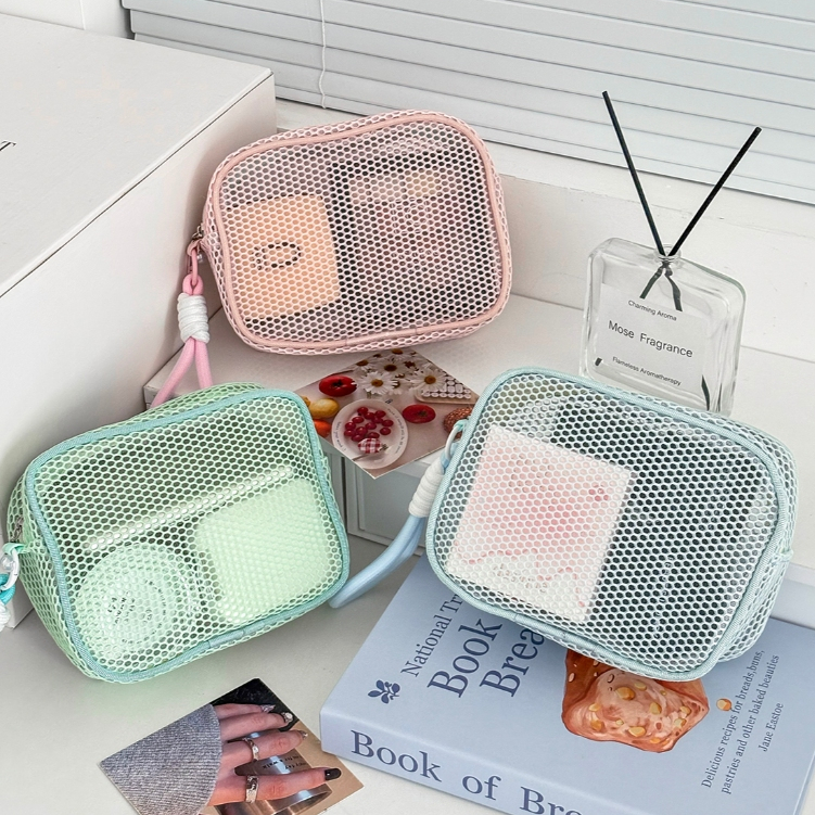 Túi đựng đồ lưới macaron nhìn thấy trong dung tích lớn nữ tính đựng mỹ phẩm tai nghe du lịch tiện