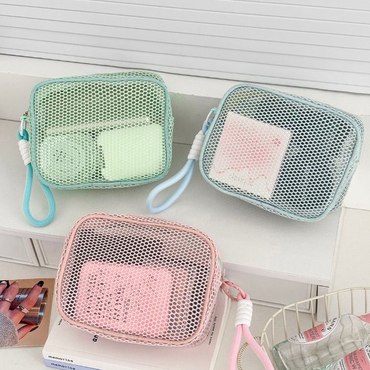 Túi đựng đồ lưới macaron nhìn thấy trong dung tích lớn nữ tính đựng mỹ phẩm tai nghe du lịch tiện
