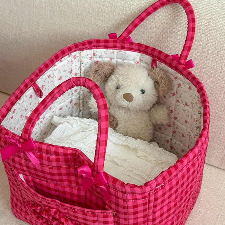Giỏ lưu trữ ô đỏ khâu chỉ vải hoa nơ chất cao dung tích lớn có quai đựng đồ phòng ngủ dùng cả năm