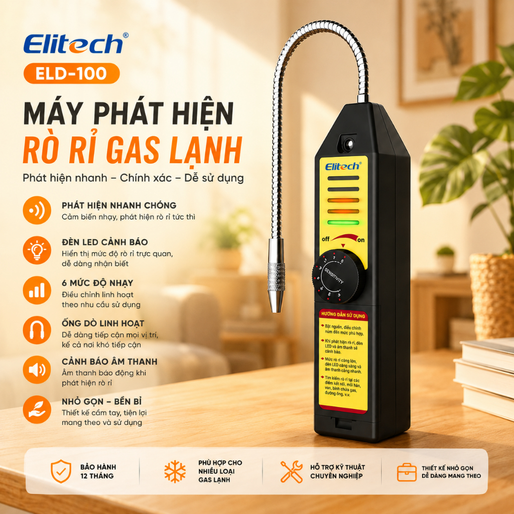 Máy dò rò rỉ Elitech Freon Máy dò rò rỉ khí lạnh Halogen Máy kiểm tra HVAC AC Sniffer R22 R410A R134A 1234YF, WJL-6000S