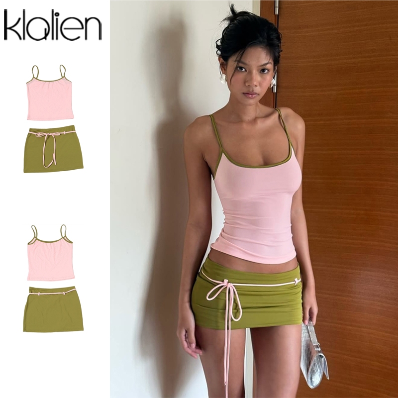 Klalien Bộ Đồ Hai Mảnh Cho Nữ: Cổ Thấp Lưng Skinny Camisole & Váy Tua Rua Ngọt Ngào - Xu Hướng Mùa Hè