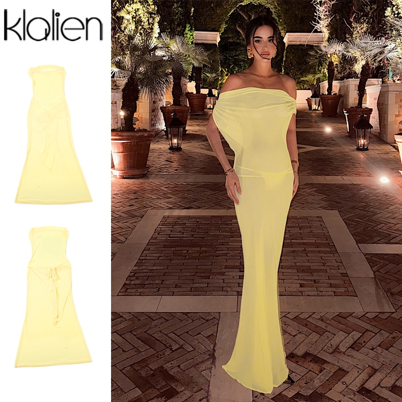 Klalien Gợi Cảm Cổ Nỉ Đầm Maxi Không Lưng Lưới Mỏng Nhìn Xuyên Qua Nữ Mùa Hè Đi Biển Phong Cách Kỳ Nghỉ