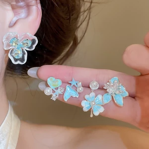 Màu Bạc Phong Cách Đại Dương Ánh Sáng Xanh Men Kim Cương Giả Ngọc Trai Bông Tai, Thiết Kế Đơn Nàng Tiên Cá Vỏ Sao Biển Hoa Dainty Bông Tai Nữ Mùa Hè Đi Biển Trang Sức Thời Trang