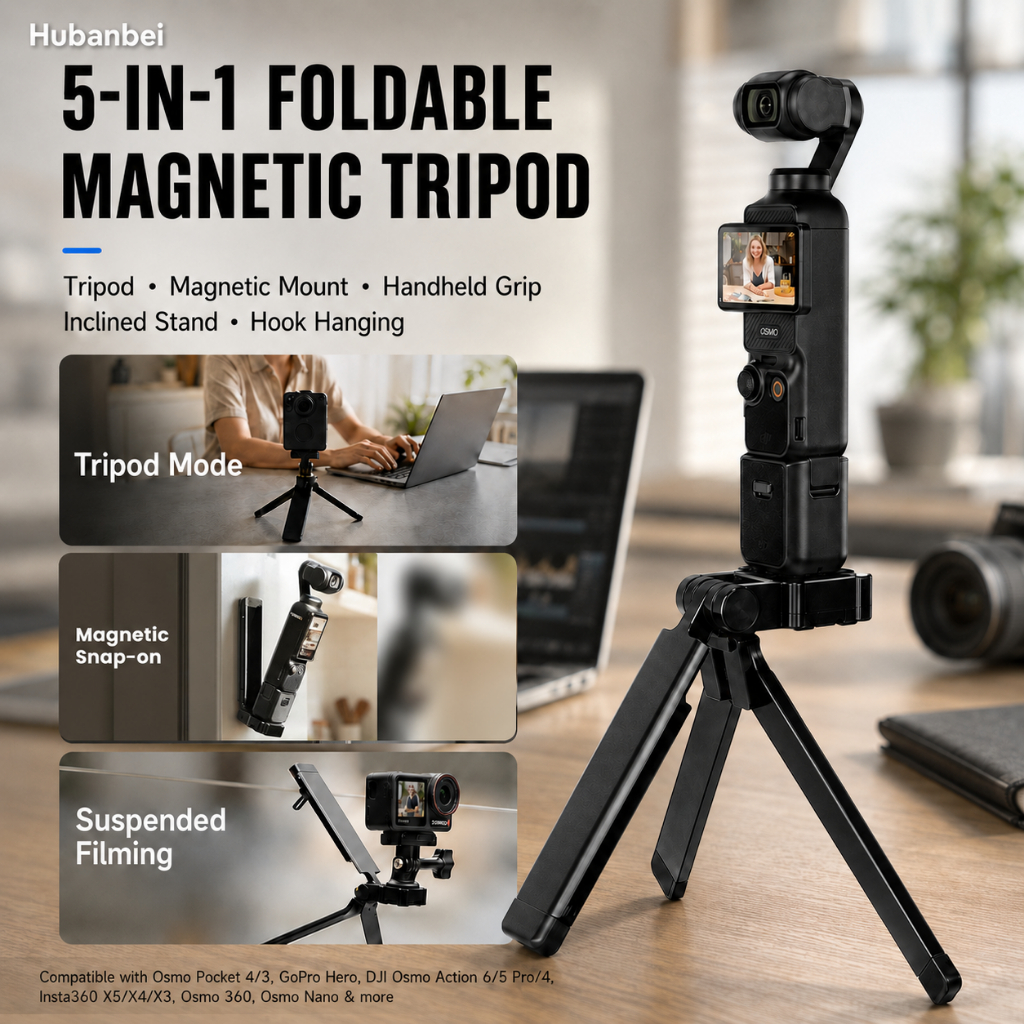 Giá đỡ chân máy từ tính cho DJI Osmo Pocket 4 / 3, Chân đế ba chân bằng nhôm có thể gập lại 5 trong 1, Vít 1 / 4 ", 90°/250° Giá đỡ móc có thể điều chỉnh cho du lịch Vlogging