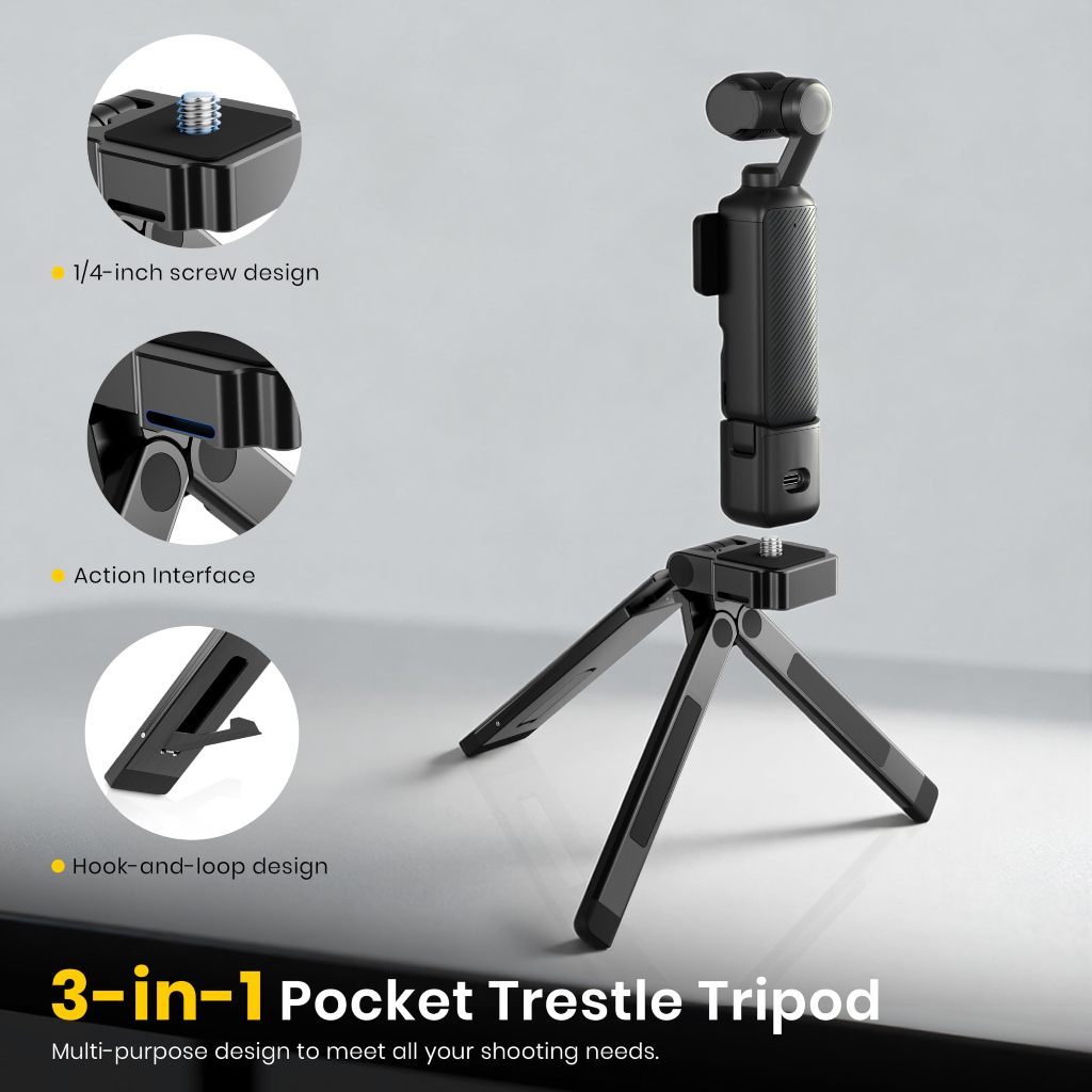 Giá đỡ chân máy từ tính cho DJI Osmo Pocket 4 / 3, Chân đế ba chân bằng nhôm có thể gập lại 5 trong 1, Vít 1 / 4 ", 90°/250° Giá đỡ móc có thể điều chỉnh cho du lịch Vlogging