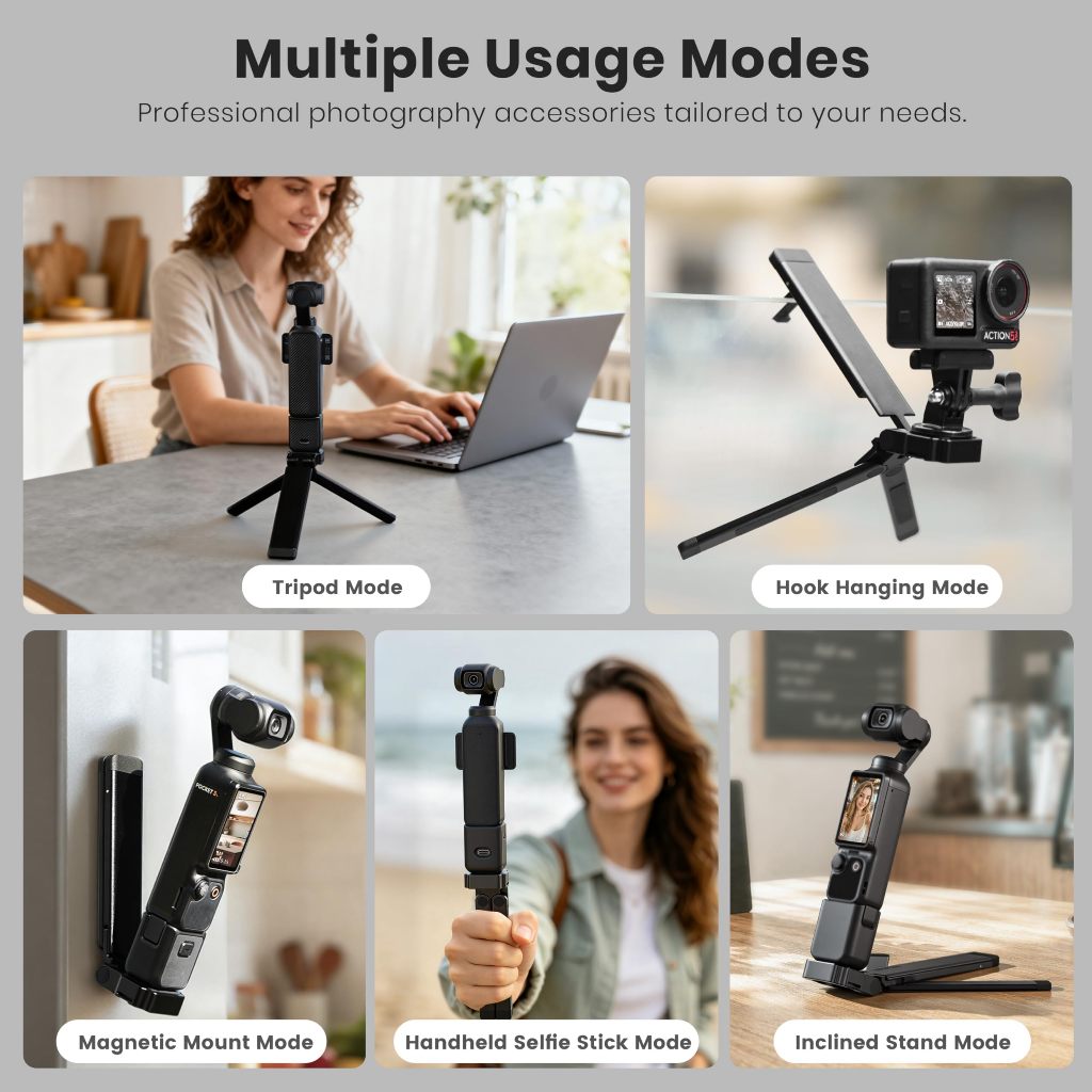 Giá đỡ chân máy từ tính cho DJI Osmo Pocket 4 / 3, Chân đế ba chân bằng nhôm có thể gập lại 5 trong 1, Vít 1 / 4 ", 90°/250° Giá đỡ móc có thể điều chỉnh cho du lịch Vlogging