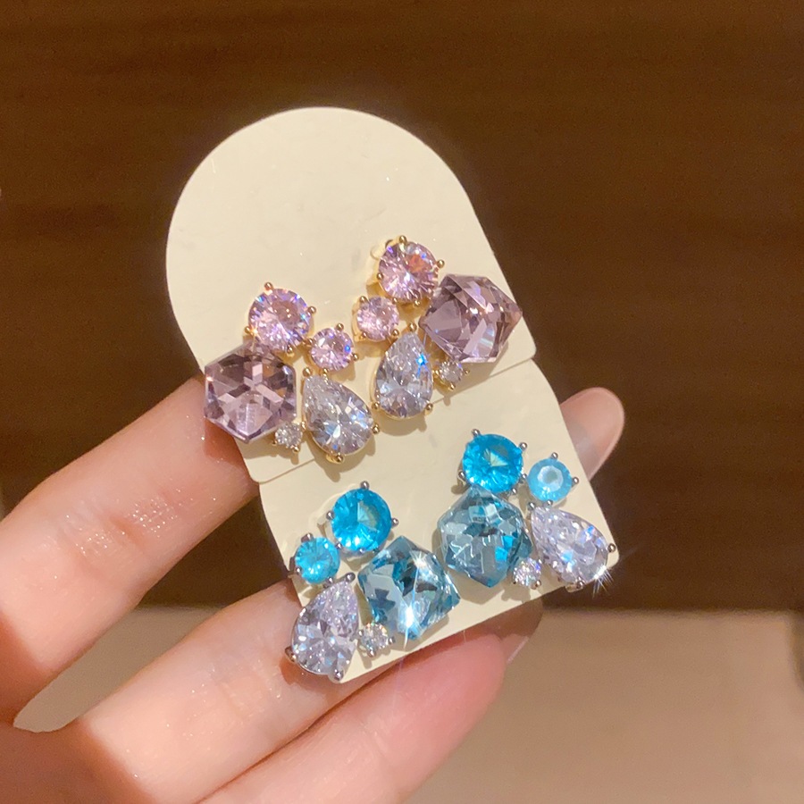 Đa Cắt Cụm Đính Đá Cubic Zirconia Bông Tai, Xanh Nhạt Hồng Phối Hình Pha Lê Tuyên Bố Bông Tai Thanh Lịch Cưới Cô Dâu Nữ Dự Tiệc Trang Sức Thời Trang