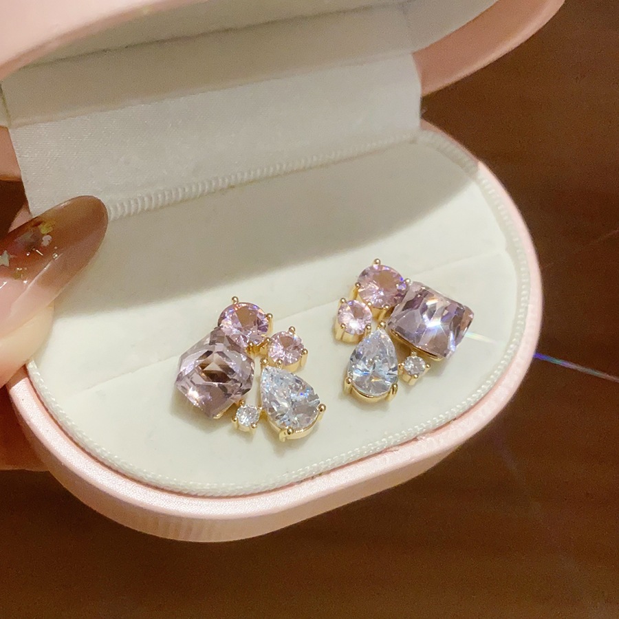 Đa Cắt Cụm Đính Đá Cubic Zirconia Bông Tai, Xanh Nhạt Hồng Phối Hình Pha Lê Tuyên Bố Bông Tai Thanh Lịch Cưới Cô Dâu Nữ Dự Tiệc Trang Sức Thời Trang