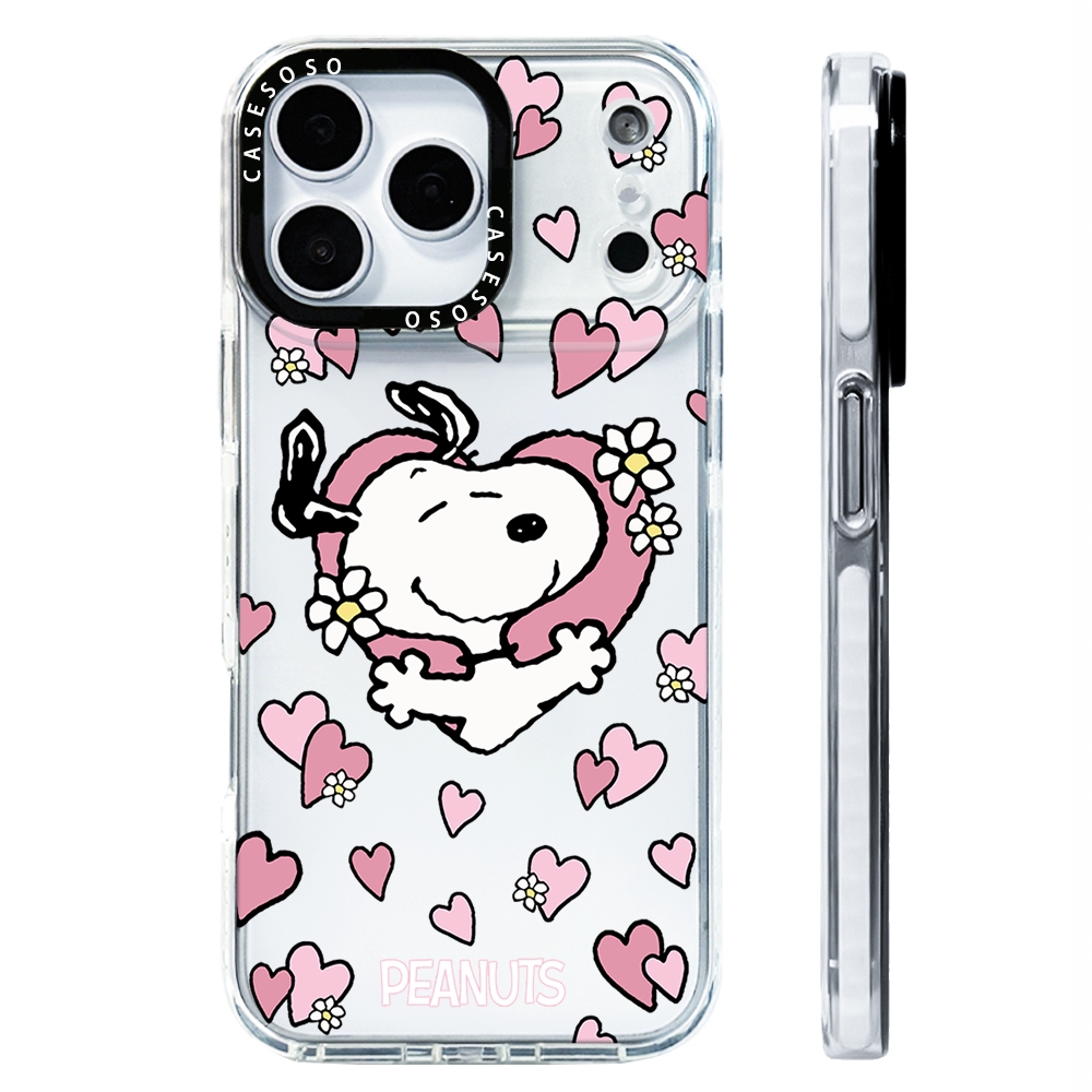 Ốp lưng hình trái tim yêu thương màu hồng hoạt hình PEANUTS Snoopy Tương thích cho IPhone 11 14 15 16 Pro Max 12 13 Mini Cover X XR XS Max Silicone Mềm trong suốt Ốp lưng SE 2022 6 7 8 Plus Vỏ chống sốc
