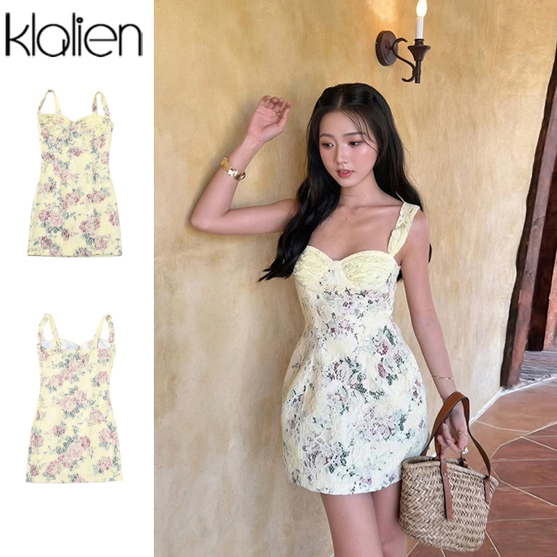 Klalien Chắp Vá Ren Đầm Nữ Gấp Cổ Thấp In Hoa Thanh Lịch Sinh Nhật Phong Cách Ngọt Ngào Xu Hướng Mùa Hè Mini Bodycon