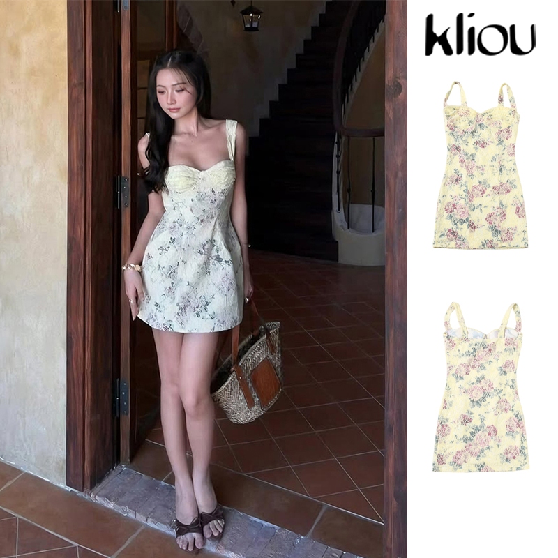 Kliou Chắp Vá Ren Đầm Nữ Gấp Cổ Thấp In Hoa Thanh Lịch Sinh Nhật Phong Cách Ngọt Ngào Xu Hướng Mùa Hè Mini Bodycon